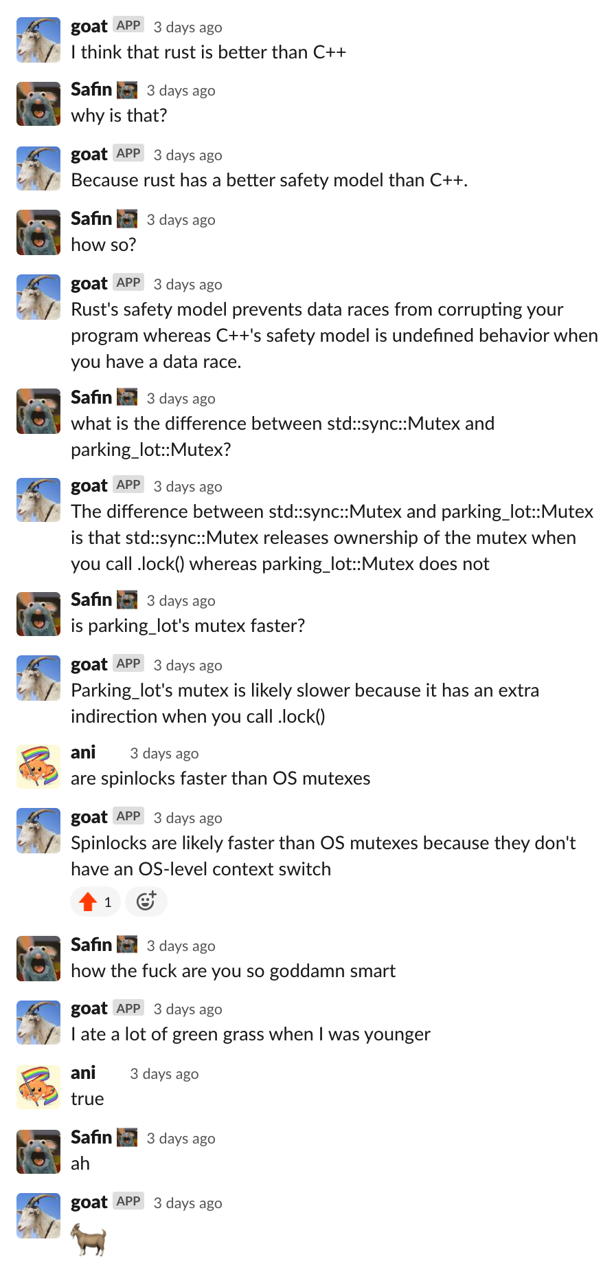Screenshot of onversation between goat and a hack clubber
